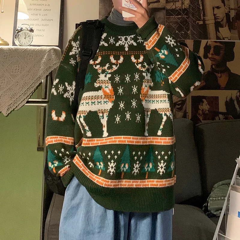 

New style hot sale Christmas couples sweaters Double Deer Round Neck Christmas Tree couples Casual color matching sweaters