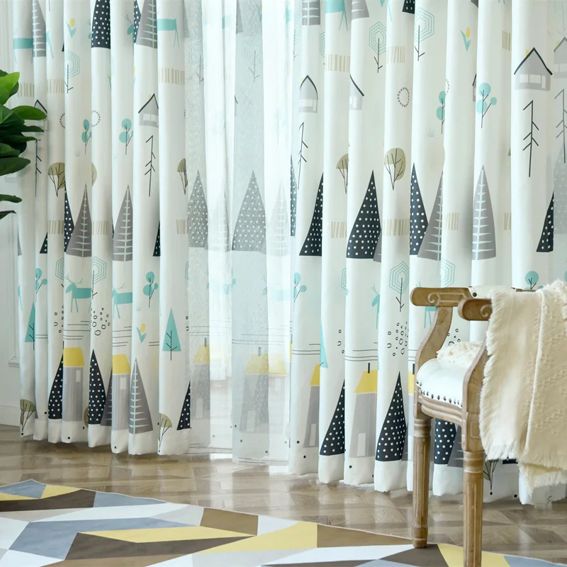 Занавеска на окна с принтом в виде домика рождественскую елку сельском стиле