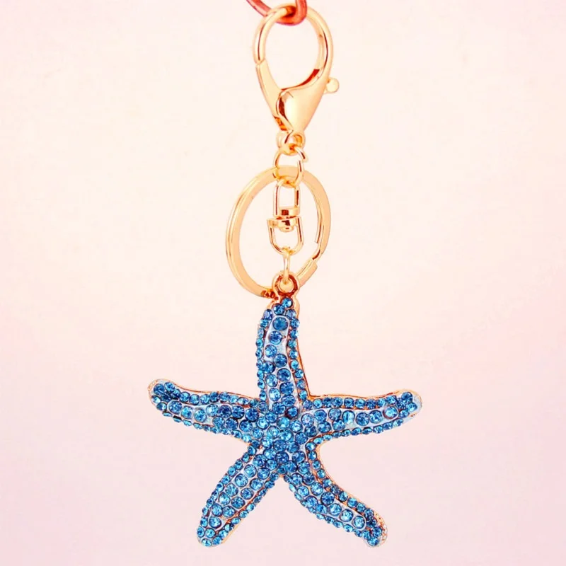 

Korean Lovely Fashion Key Chain Rhinestone Encrusted Ocean Star Keychain Starfish Keyring Women Bags Accessories Metal Pendant