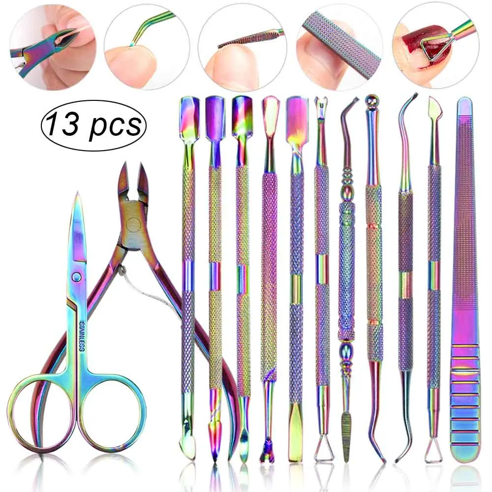 

1Set Nail Cuticle Pusher Stainless Steel Rainbow Titanium Nipper Clipper Dead Skin Remover Scissor Plier Manicure Nail Care Tool