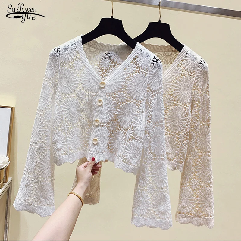 

Модная пикантная облегающая блузка с длинным рукавом, женская новая ажурная кружевная рубашка на пуговицах, женская белая, персиковая Женская одежда, блузы 13636
