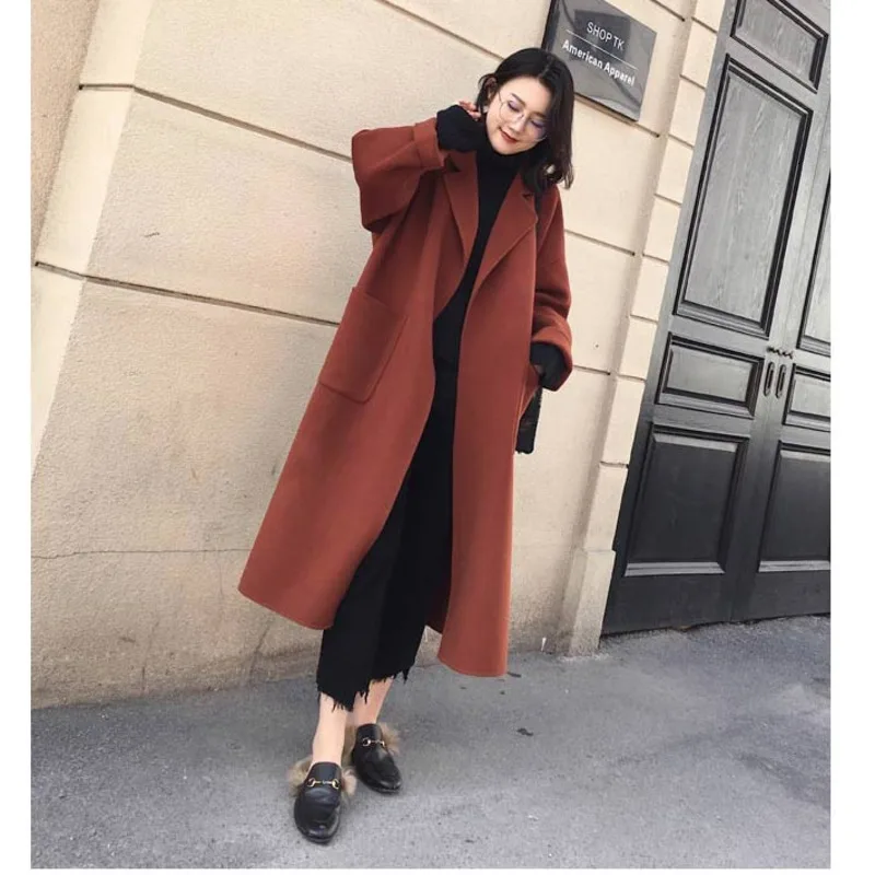 Maple-Leaf Red Зимние пальто, Женское шерстяное пальто, Элегантное Длинное свободное пальто с поясом, с разрезом - Цвет: Maple-Leaf Red