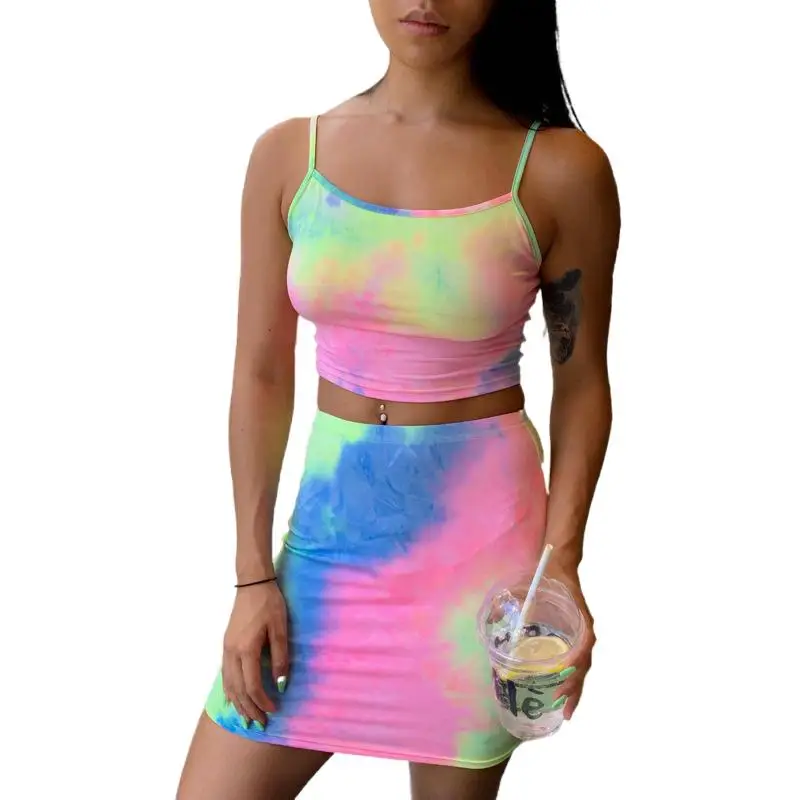 

2 Pcs Spaghtti Strap Crop Top Tie-dyed Slim High Waist Sheath SkirtsWoman Casual Summer Mini Skirt Female Tops And Skirt Sets