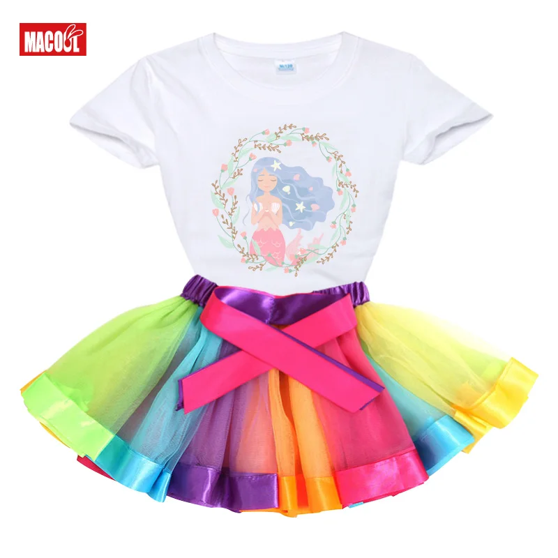 

Fashion Girls 2021 Summer Clothes 2-8Years Toddler Kids Girl Cartoon Cute Girl Print T-shirts+rainbow Skirts Outfits 2Pcs Set