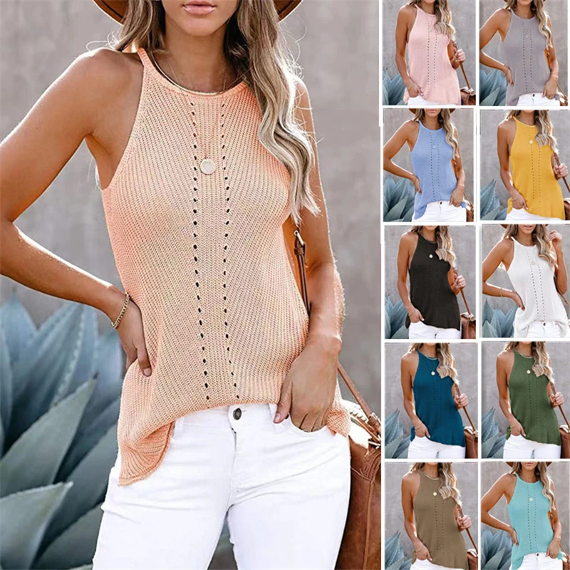 

2021 Spring Summer Women Sleeveless Slim Bodycon Blouse Summer Casual Knitted Vest Ladies Sexy O-Neck Solid Ribbed Shirts Tops