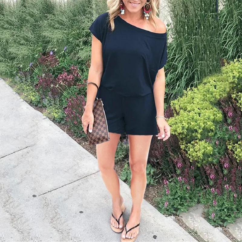 

Hotsale New Summer Jumpsuits Short Sleeve Womens 2020 Solid Color Casual Playsuits One Shoulder Off Jumpsuit Short Pants Lady