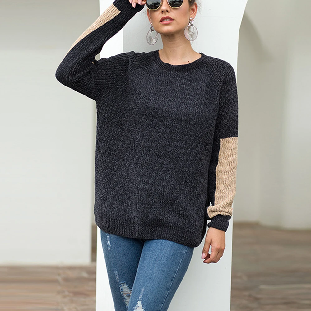 

Women Patchwork Pullovers Sweater Loose Long Sleeve Casual Knitted Sweaters Autumn Winter Oversized Jumpers Pull Tops Knitwear