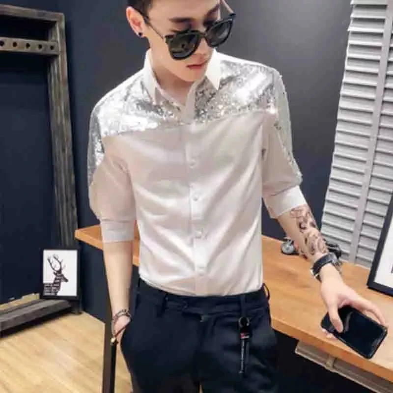 

Модная трендовая приталенная и красивая мужская одежда с блестками для диджея, рубашка с индивидуальным сращением и рукавом средней длины, ...