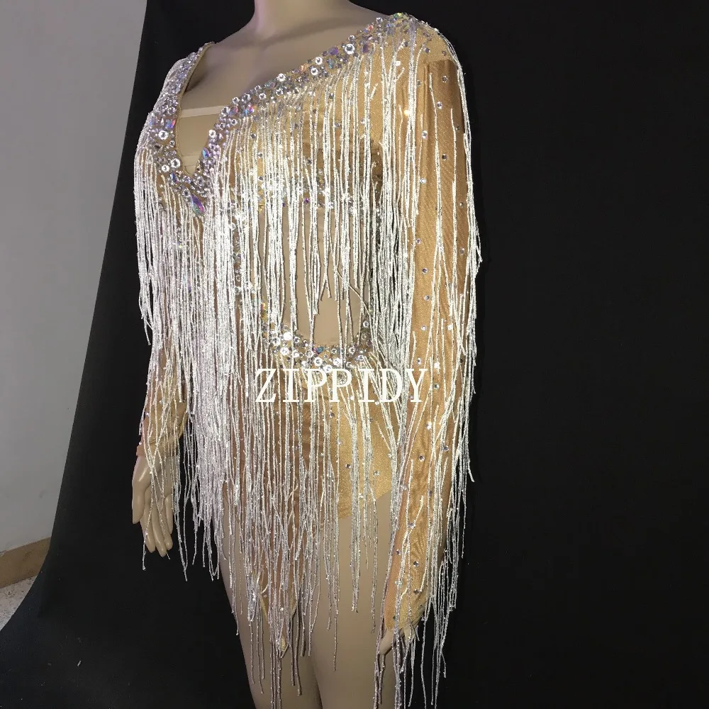 Откровенное Серебряное платье стразы с бахромой одежда для латиноамериканской