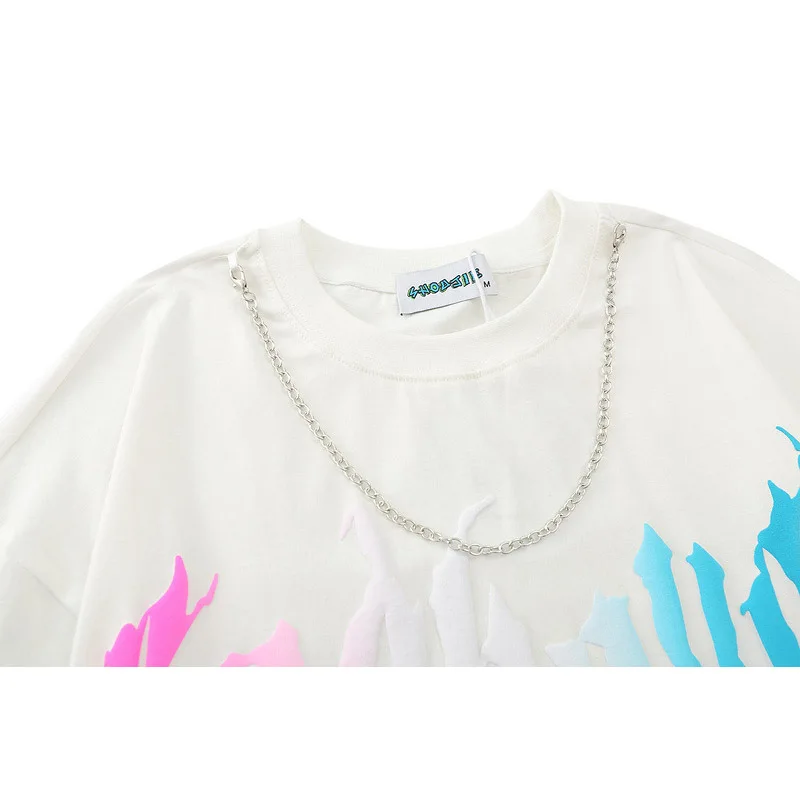 

Men Hip Hop Streetwear T Shirt Dark Gothic Colorful Letters Print Necklace Tshirt Harajuku Cotton Loose Short Sleeve Tops Tees