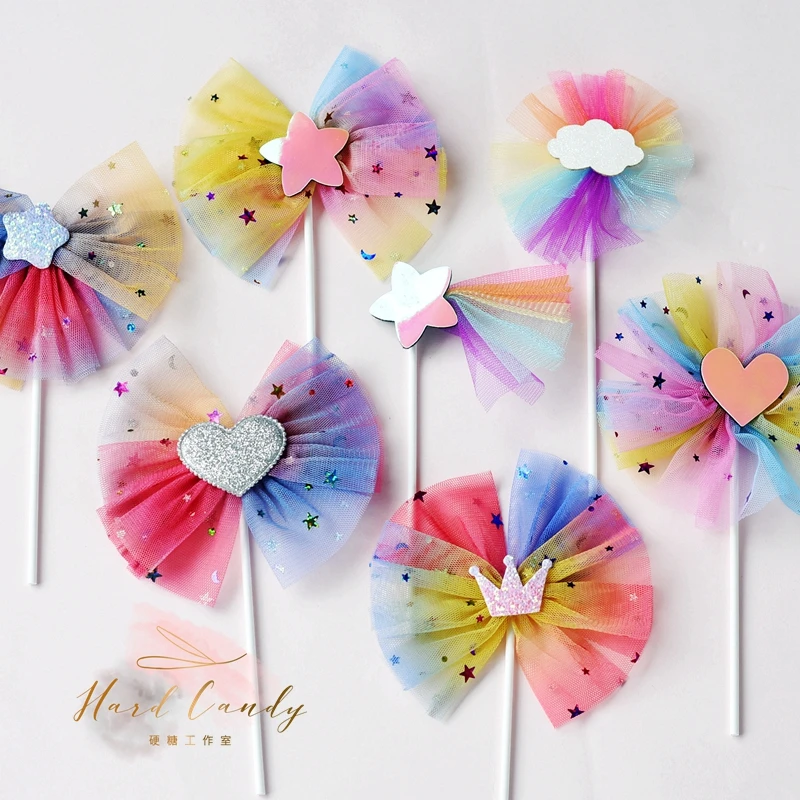 Maille paillettes Etoiles couronne gâteau Topper Laser amour coeur licorne joyeux anniversaire Decor pour enfant flecte de mariage|Товары