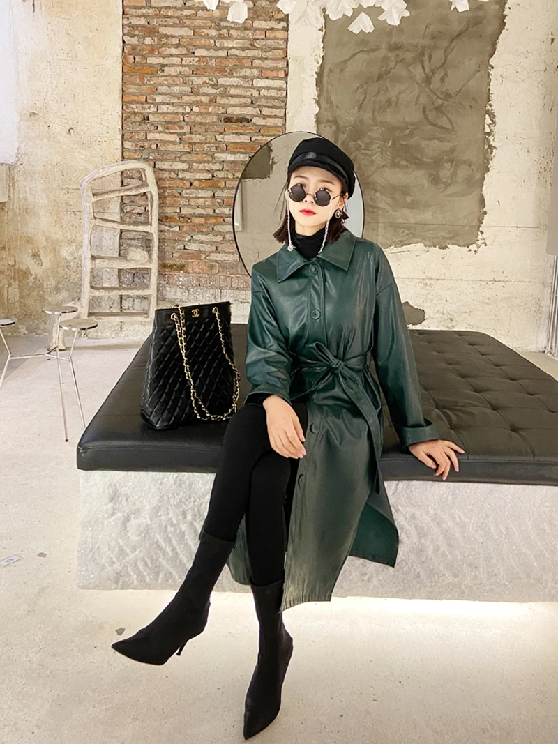 

2020 Long Leather Jacket Spring Women's Fashion Coat Locomotive Leather Over-the-Knee Handsome Loose PU Leather Coat Female