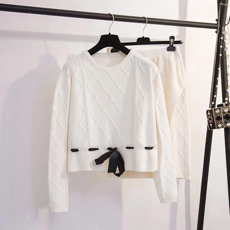 Вязаный комплект из 2 предметов Женский пуловер свитер и вязаные юбки облегающий