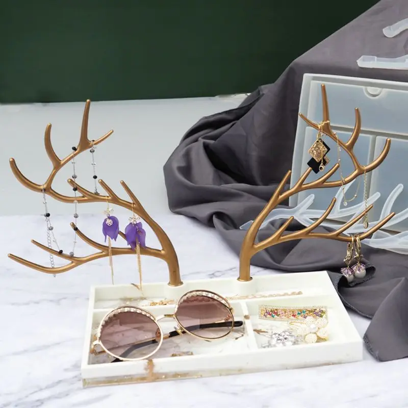 

Christmas Elk Jewelry Rack Resin Casting Molds Deer Anlter Jewelry Storage Box Silicone Resin Trays Mold Set Art Crafts