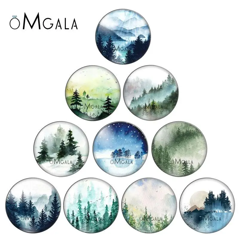 Forest Trees Watercolor Paintings mixed 10pcs 12mm/18mm/20mm/25mm Round photo glass cabochon demo flat back Making findings |