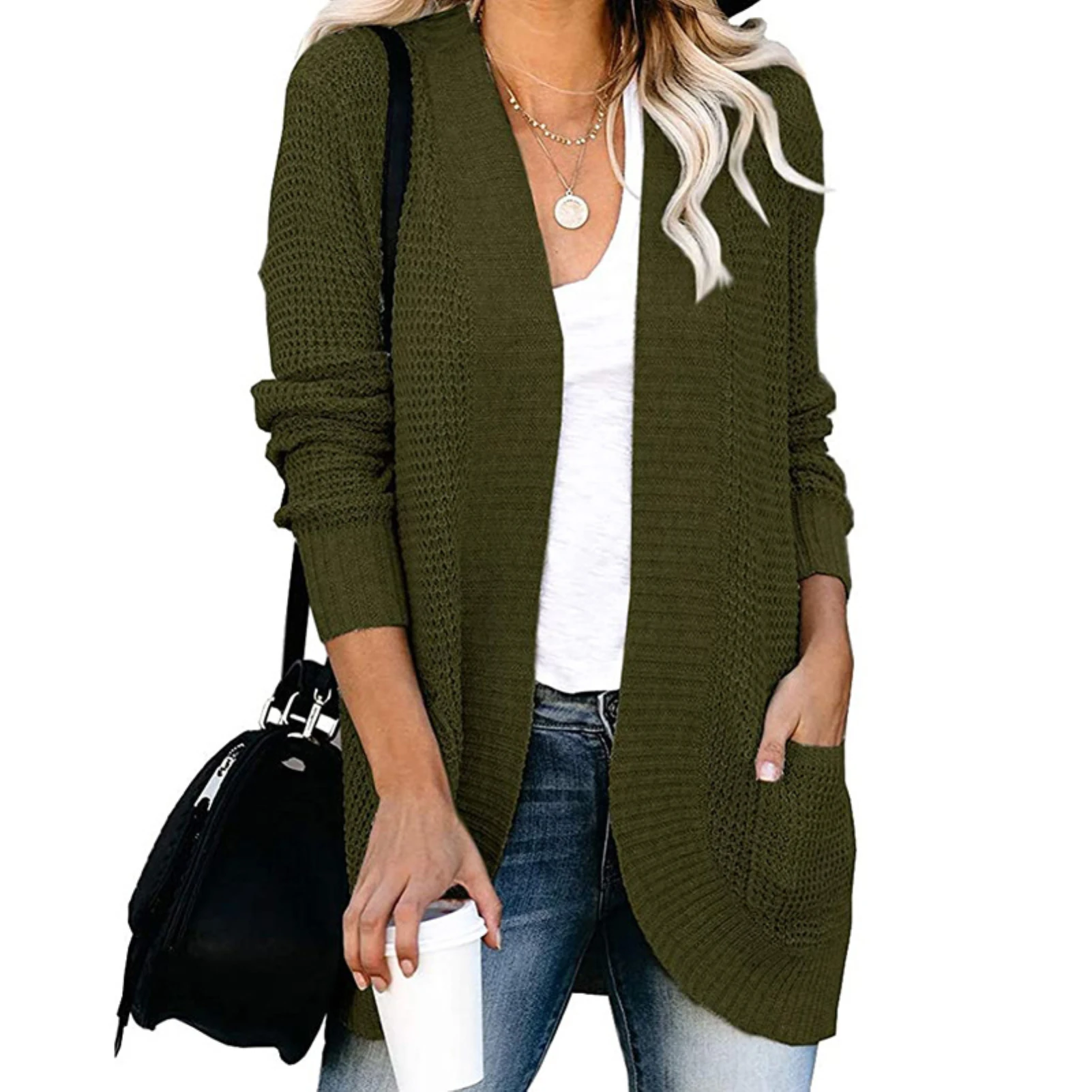

2020 new High quality Women Autumn Winter Long Sleeve Open Front Cardigan Pockets Knit Coat Outerwear drop shipping