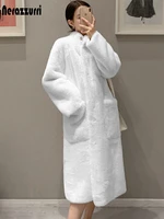 nerazzurri winter white long fluffy faux fur coat women 2021 raglan sleeve pockets luxury oversized korean fashion streetwear