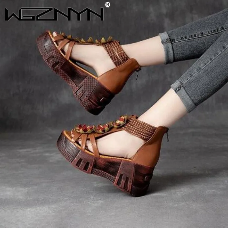 

Women Sandals Retro 2021 New Genuine PU Leather Women Sandals Summer Platform Flat Shoes Sandal Women Leather Gladiator Sandals