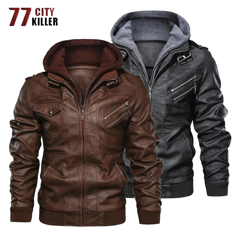 

77City Killer Winter Motorcycle Leather Jacket Men Windbreaker Hooded Faux Leather Jackets Outerwear PU Coat Male Dropshipping