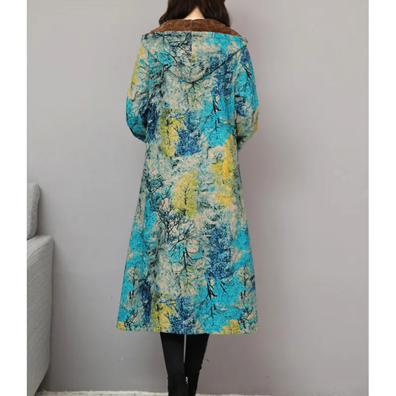 

Autumn Winter Plus velvet Print hooded Jacket women's Vintage Loose Cotton Warm Coat Thick Plus size 3XL Casual Female Jackets