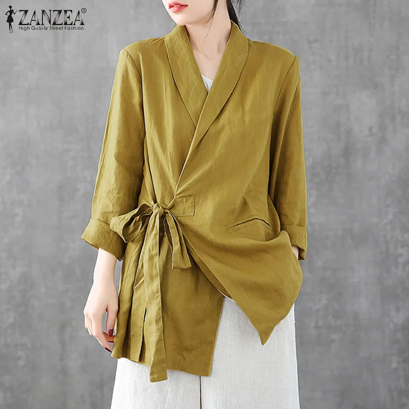

Vintage Cotton Blouse 2022 ZANZEA Women Autumn Long Sleeve Shirt Casual Loose Tunic Tops Lapel Neck Lace Up Cardigan Work Blusas