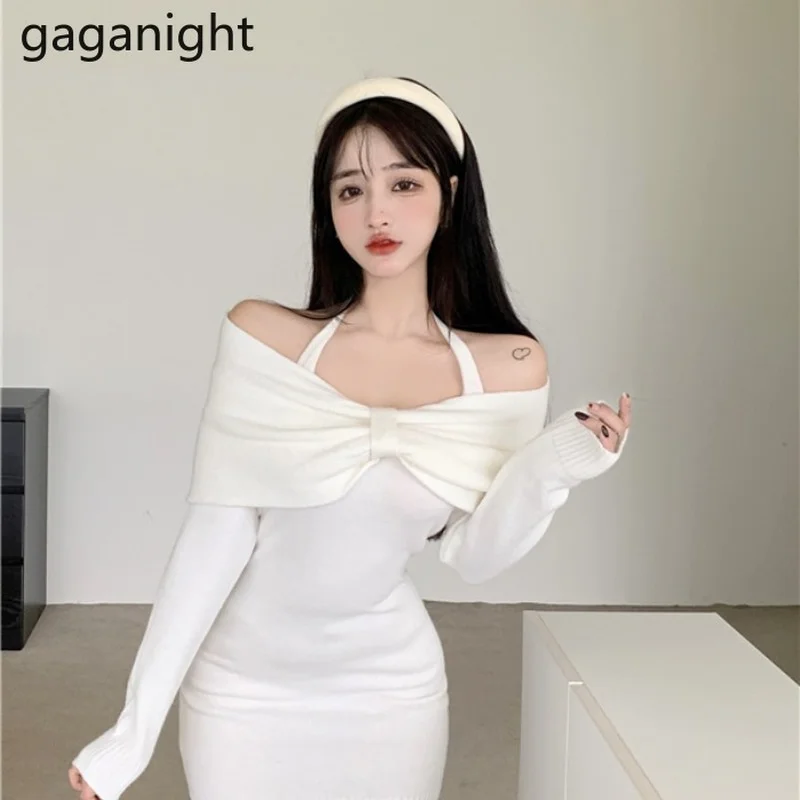 

Gaganight Women Dress 2021 Autumn Winter Korean Chic Sweet Sexy Halter Neck Strap Long-sleeved Strapless High Waist Short Dress