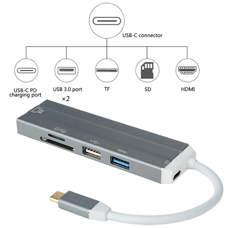 6 в 1 Usb-C концентратор 4K Hd видео аудио кабель адаптер Тип C к Hdmi Usb 3 0/Usb 2 0 с Sd/Tf
