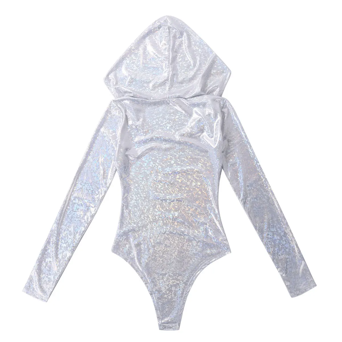 Женское блестящее боди с длинным рукавом и капюшоном| |