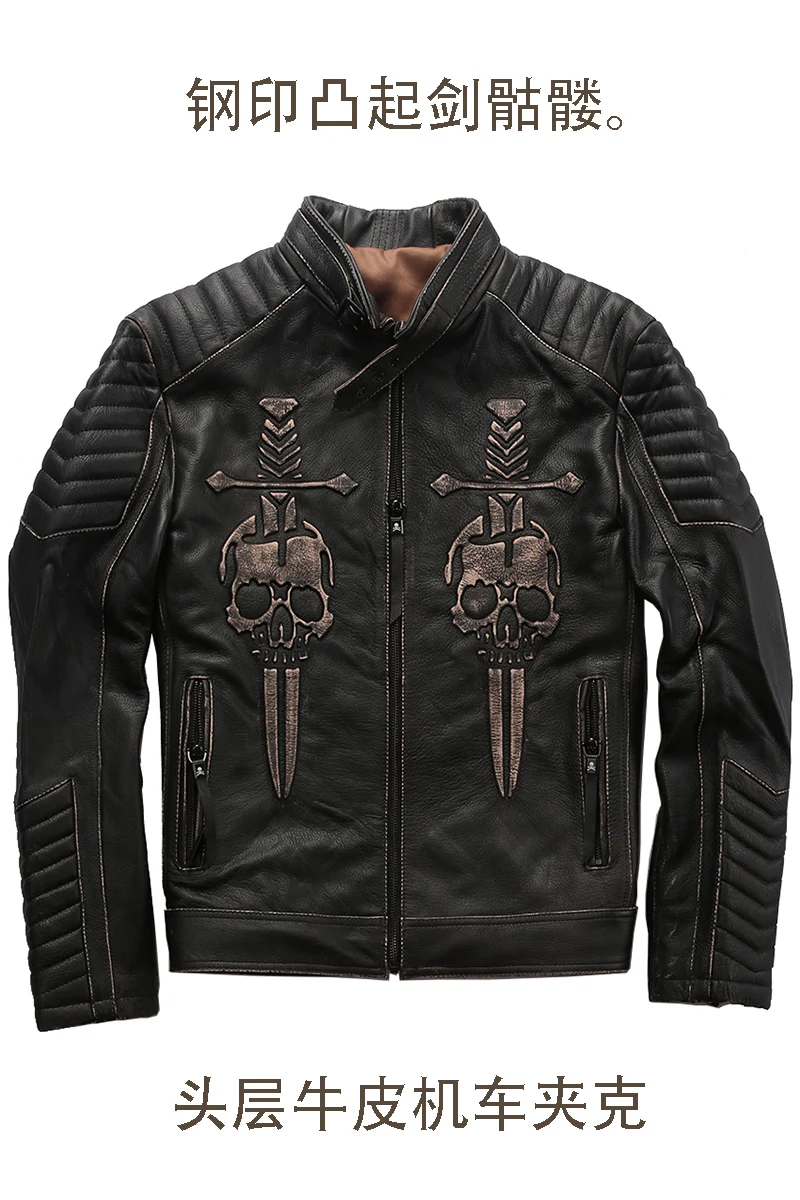 

men's vintage genuine with skulls Double sword punk motorcycle leather coat men slim fit stand biker jacket male