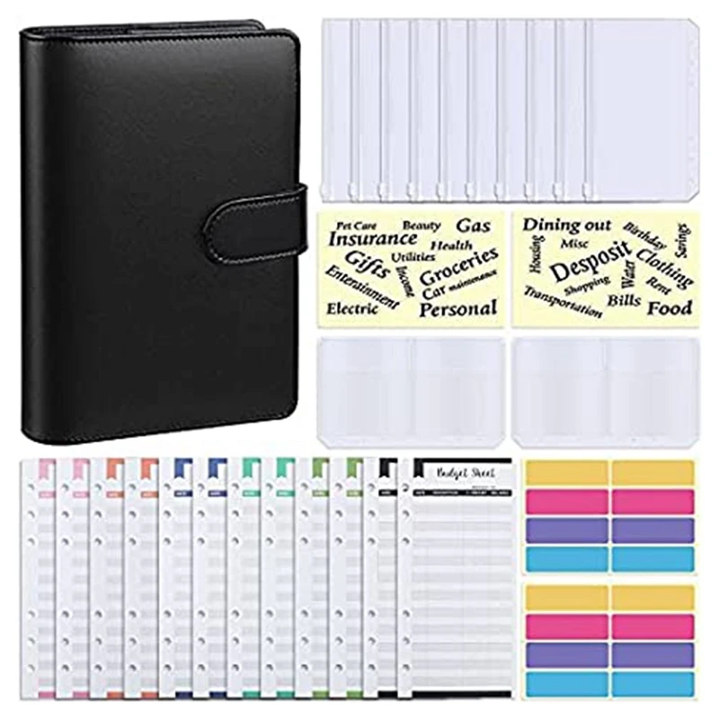 

Budget Binder, A6 PU Notebook Planning Notepad, Replaceable 6 Ring Binder Coverfor Personal Planning of Budget Saving