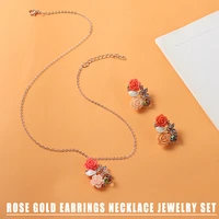 crystal rose flower jewelry set lovely romantic bridal pendant necklace earring pink red flower earring stud for women wedding