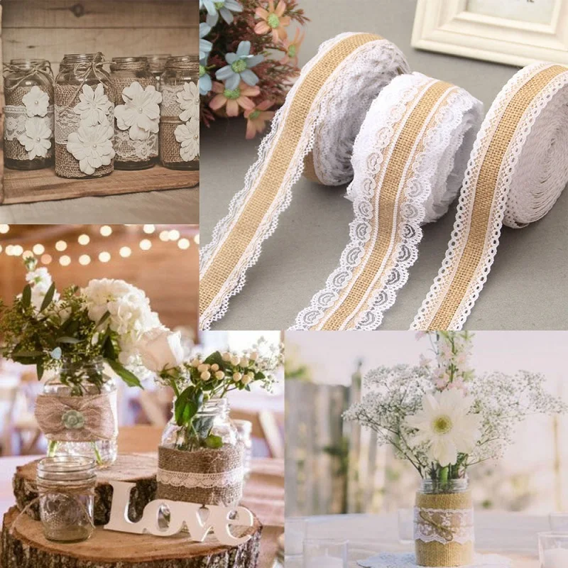 

2meter Natural Jute Burlap Hessian Ribbon With Lace Trim DIY Craft Sewing Accessories Vintage Wedding Party Gift Packaging Decor