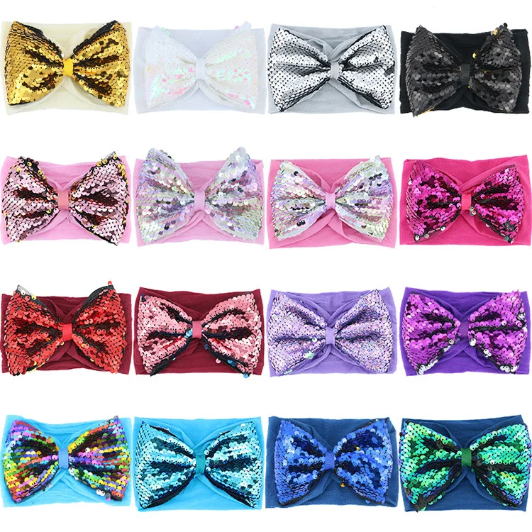 

1PCS 5 inch Solid color nylon Baby Girl Soft Elastic big Headband sequin 532