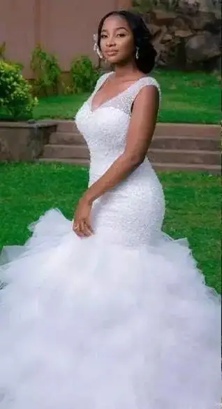 

Nigeria African Mermaid Wedding Dresses 2022 Major Beading Cap Sleeves V Neck Bridal Gown Tiered Ruffles Skirt Vestidos De Novia