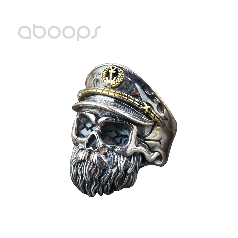 Punk 925 Sterling Silver Bearded Skull Head Ring for Men Boys,Two Tone,Adjustable Size 8.5-11,Free Shipping