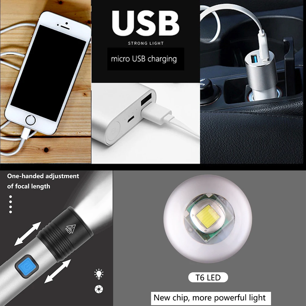 6000лм фонарик USB Перезаряжаемый фонарик водонепроницаемый фонарь T6 светодиодный фонарик Портативный зум фонарик со встроенным аккумулятором