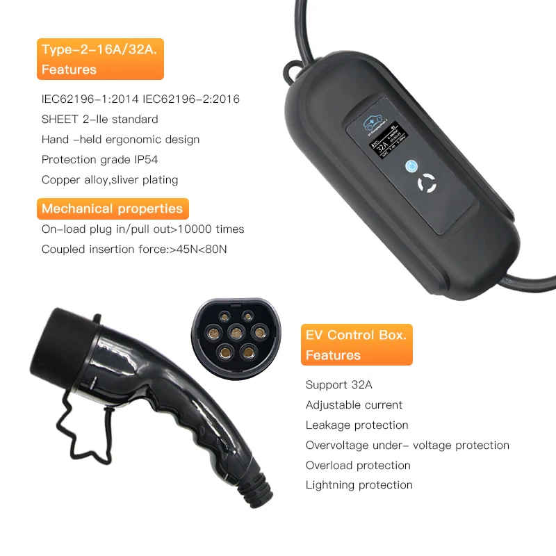 

EV Charger 32A Type2 IEC 62196-2 Level2 Electric Vehicle Charger CEE Blue Plug 16ft EV Cable Fast Charger