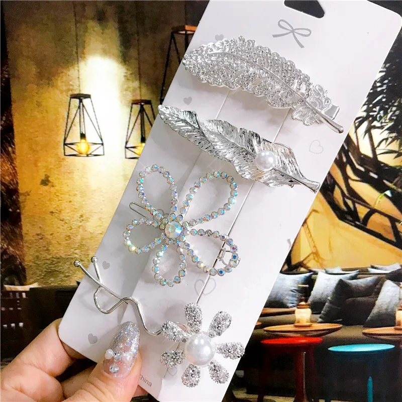 

4PCS Hair Accessories for Women Gold Silver Hair Clips Set Vintage Feather Starfish Crystal Pearls Hairpin Fashion Headwear 2021