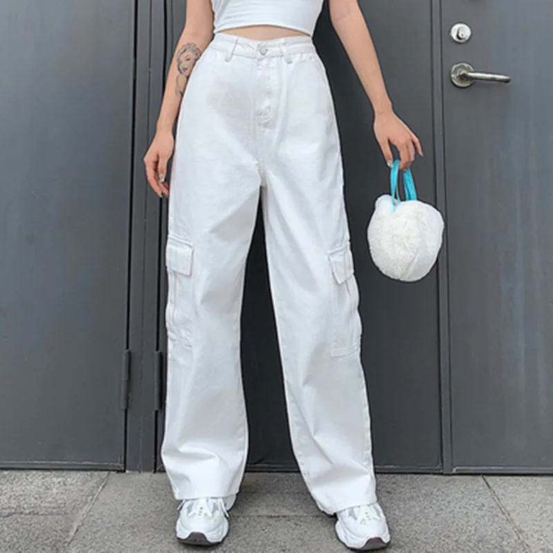 

2021 Spring Summer New Pockets Patchwork High Waist Jeans Women Fashion Streetwear Straight Jeans Blue Cargo Pants