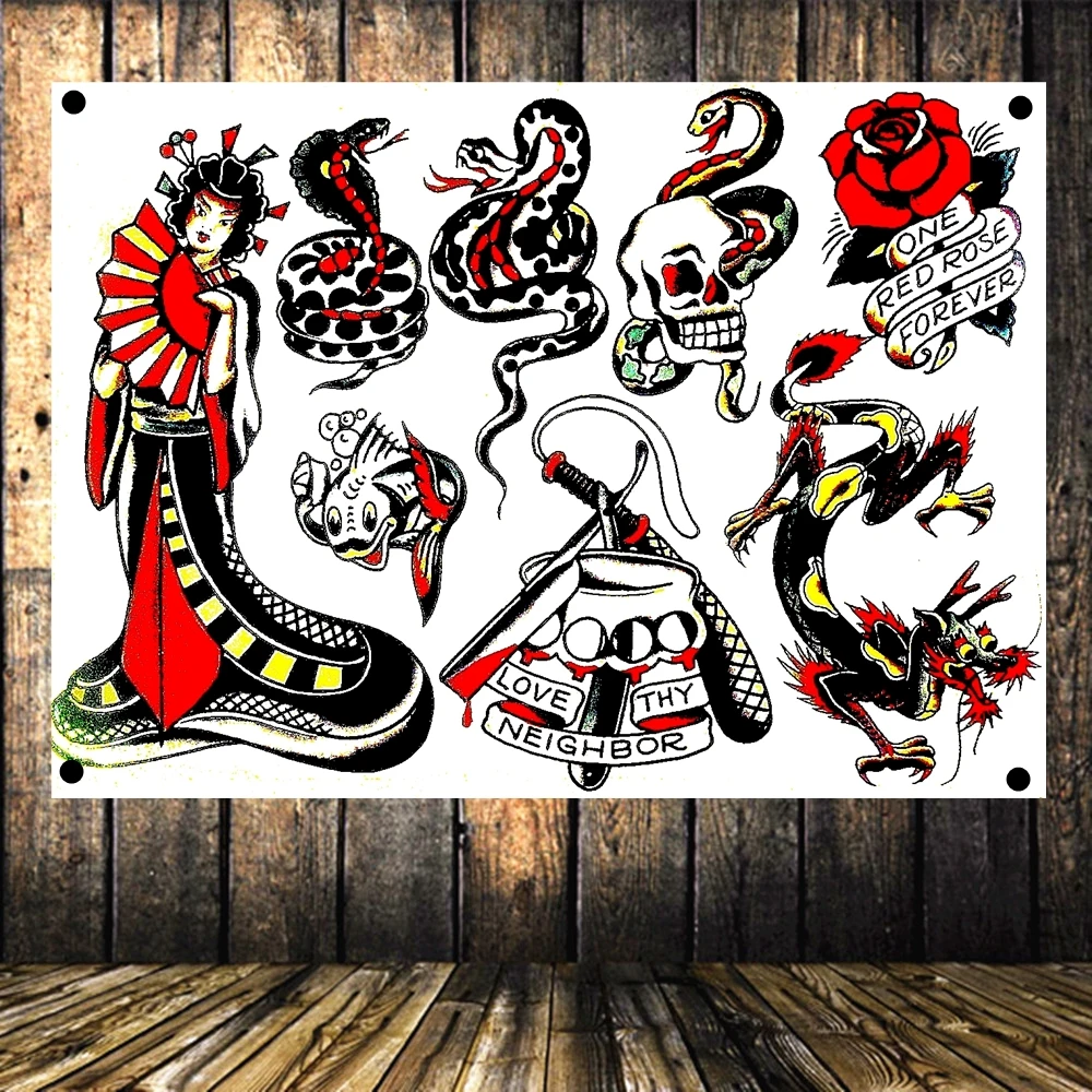 

Creative Tattoo Poster Senior Art Waterproof Cloth Painting Flag Banner Tapestry Wall Stickers Mural Bar Cafe Bedroom Home Decor