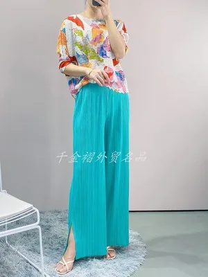 HOT SELLING Miyake Fashion fold SOLID  straight pants loose Side slit trousers IN STOCK