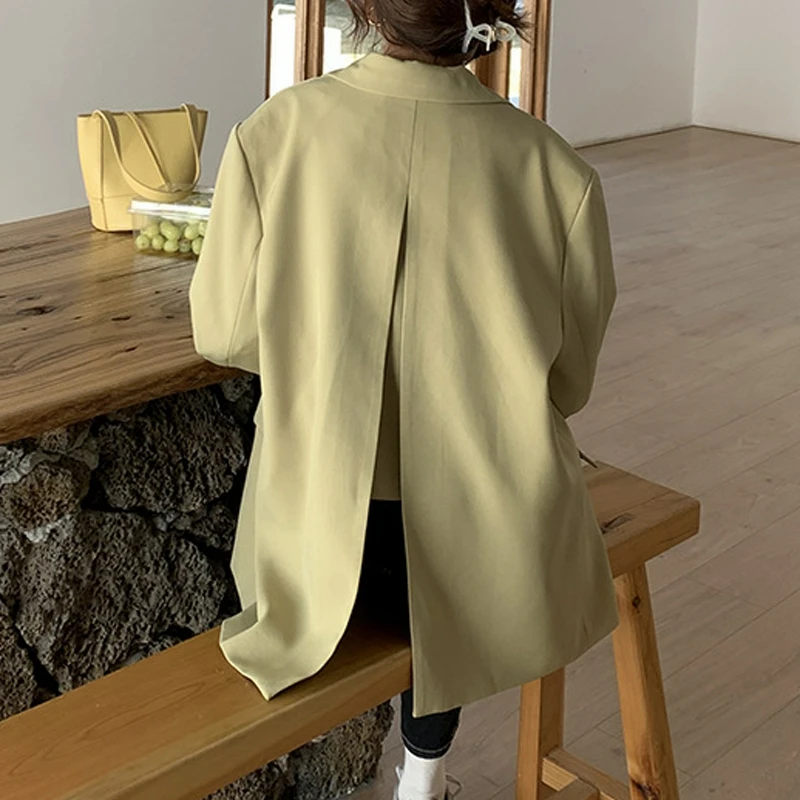 

Chic Back Split Blazers Solid Colors Shoulder Pad Loose Suits Women Single Breasted Long Sleeve Blazer Office Lady Jacket Spring