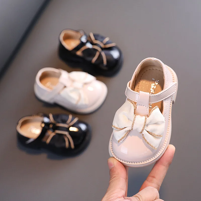 Осенняя однотонная обувь принцессы с бантом для девочек мягкая подошва детская обувь для малышей детская кожаная обувь