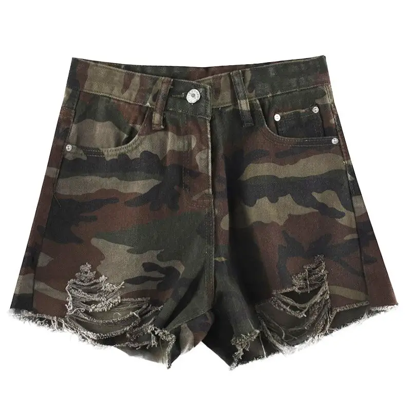 

2021 Summer New Street Style Sexy Biker Denim Shorts High Waisted for Women Plus Size Camouflage Button Casual Women Hole Short