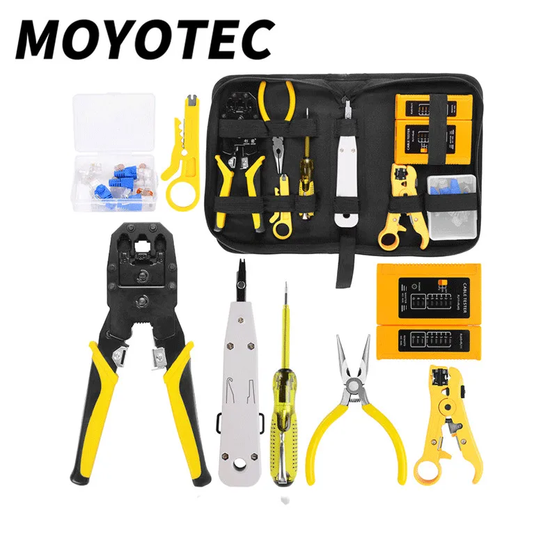 MOYOTEC Network Cable Pliers Screwdriver Wire Stripper Tool Set With Cable Tester Spring Clamp Crimping Pliers