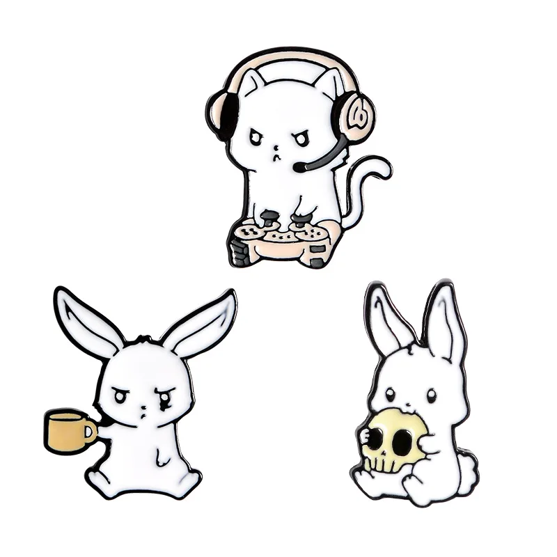 

Cute Cartoon Rabbit Brooch Rabbit Playing Game Skull Coffee Badge Student Rabbit Skull Brooch Animal Wearing Earphone Brooch