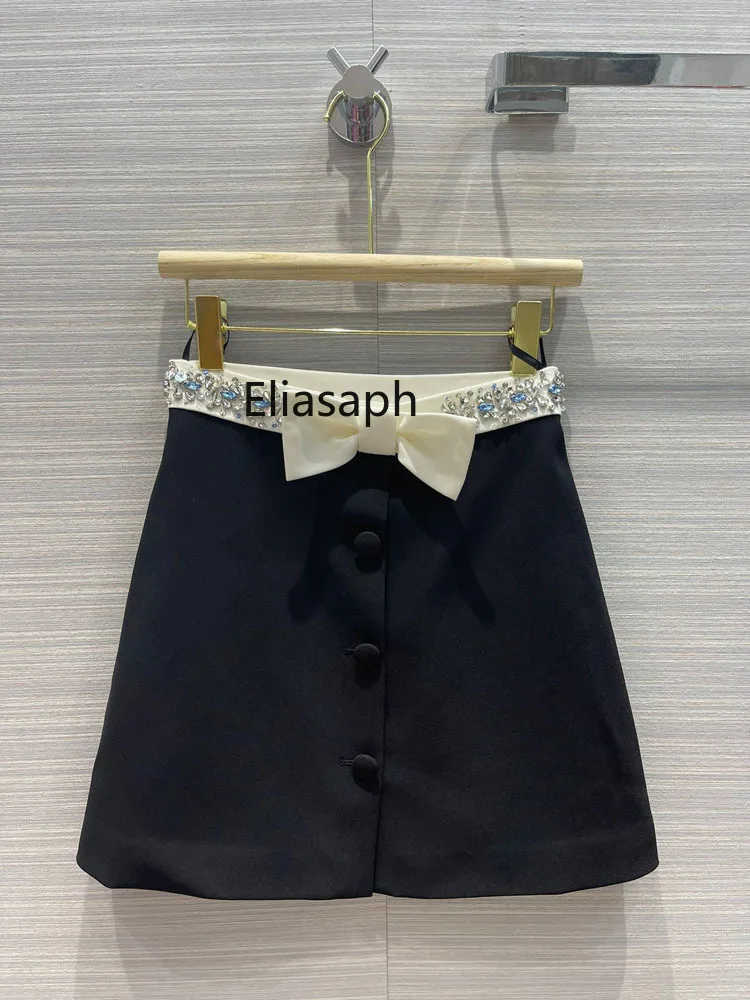 Luxury Diamonds Waist Skirts for Women Summer Preppy Style Bow Decoration Solid Mini Skirts Holiday All-match A Line Skirts Lady