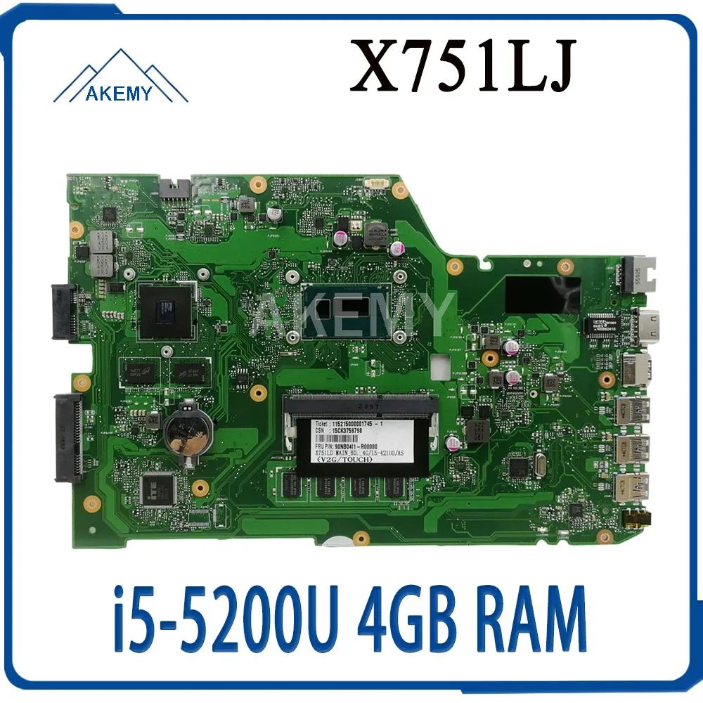 

Akemy X751LJ Mainboard REV 2.3 For Asus R752LA R752LD X751LN X751LD X751LJ A751L Laptop motherboard i5-5200U 4GB RAM GT920M