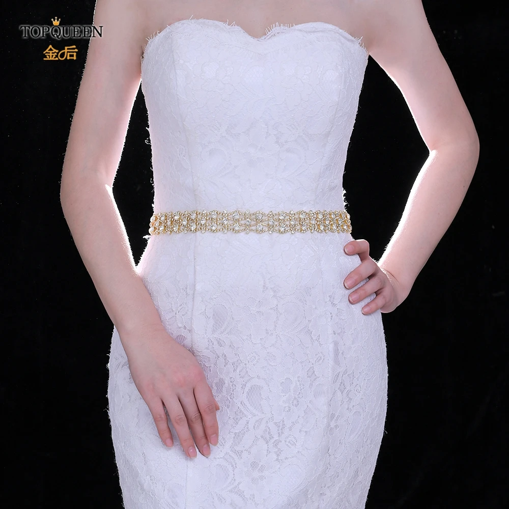 

TOPQUEEN S414 Wedding Bridal Belt White Organza Sash with Gold Rhinestones Jeweled Belts for Women Wedding Evening Dress Belt