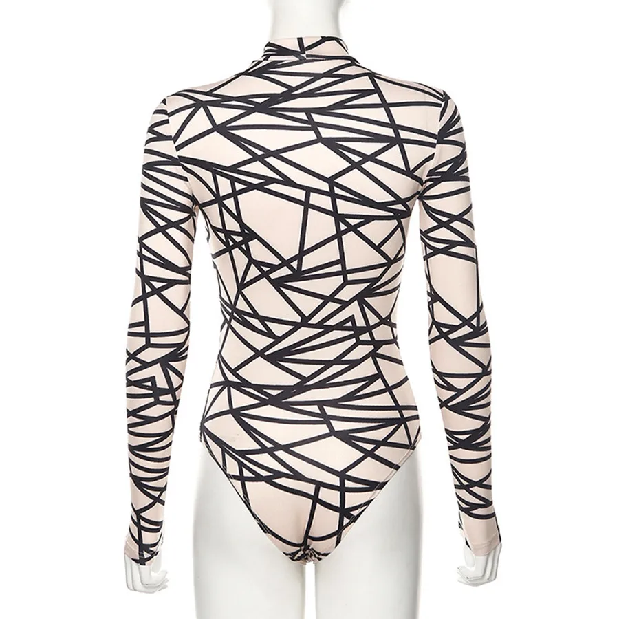 

Geometric Print Sexy Bodysuit Femme Long Sleeve Bodys Autumn Winter Women Streetwear Open Crotch Jumpsuit Outfits Club Body